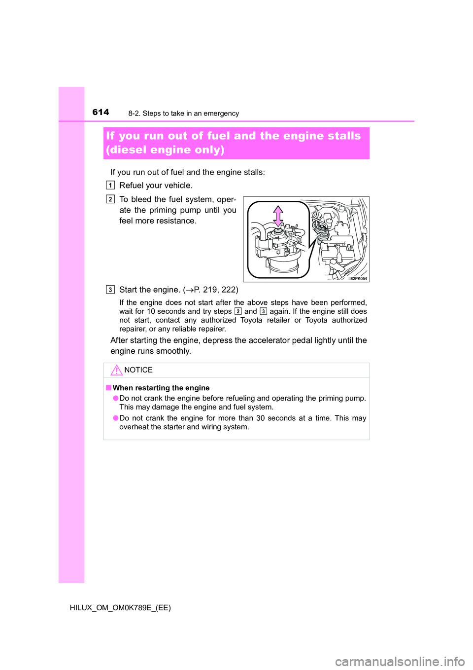 TOYOTA HILUX 2023 Owners Manual 6148-2. Steps to take in an emergency
HILUX_OM_OM0K789E_(EE)
If you run out of fuel and the engine stalls
(diesel engine only)
If you run out of fuel and the engine stalls:
Refuel your vehicle.
TOYOTA HILUX 2023 Owners Manual 6148-2. Steps to take in an emergency
HILUX_OM_OM0K789E_(EE)
If you run out of fuel and the engine stalls
(diesel engine only)
If you run out of fuel and the engine stalls:
Refuel your vehicle.