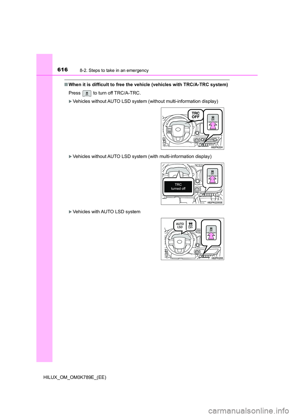 TOYOTA HILUX 2023  Owners Manual 6168-2. Steps to take in an emergency
HILUX_OM_OM0K789E_(EE)
■When it is difficult to free the vehicle (vehicles with TRC/A-TRC system) 
Press   to turn off TRC/A-TRC.
Vehicles without AUTO LSD s