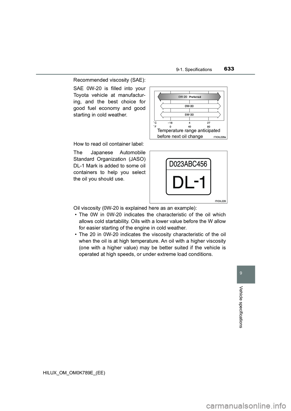TOYOTA HILUX 2023 Owners Manual 633
9
9-1. Specifications
Vehicle specifications
HILUX_OM_OM0K789E_(EE)
Recommended viscosity (SAE):
SAE 0W-20 is filled into your
Toyota vehicle at manufactur-
ing, and the best choice for
good f TOYOTA HILUX 2023 Owners Manual 633
9
9-1. Specifications
Vehicle specifications
HILUX_OM_OM0K789E_(EE)
Recommended viscosity (SAE):
SAE 0W-20 is filled into your
Toyota vehicle at manufactur-
ing, and the best choice for
good f