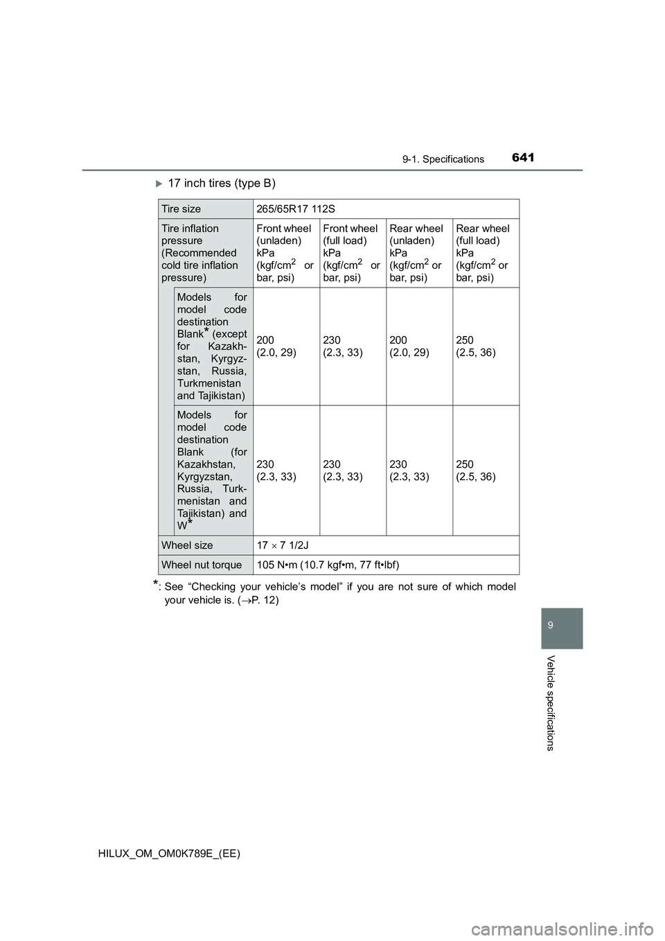 TOYOTA HILUX 2023 Owners Manual 641
9
9-1. Specifications
Vehicle specifications
HILUX_OM_OM0K789E_(EE)
17 inch tires (type B)
*: See “Checking your vehicle’s model” if you are not sure of which model
your vehicle is. ( TOYOTA HILUX 2023 Owners Manual 641
9
9-1. Specifications
Vehicle specifications
HILUX_OM_OM0K789E_(EE)
17 inch tires (type B)
*: See “Checking your vehicle’s model” if you are not sure of which model
your vehicle is. (