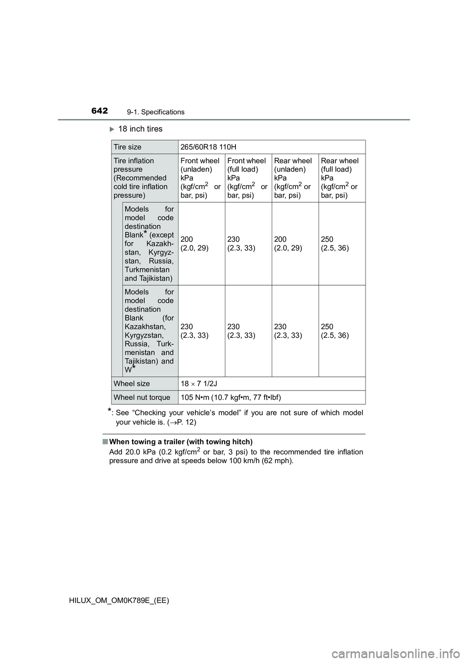 TOYOTA HILUX 2023 Owners Manual 6429-1. Specifications
HILUX_OM_OM0K789E_(EE)
18 inch tires
*: See “Checking your vehicle’s model” if you are not sure of which model
your vehicle is. ( P. 12)
■When towing a trailer (w TOYOTA HILUX 2023 Owners Manual 6429-1. Specifications
HILUX_OM_OM0K789E_(EE)
18 inch tires
*: See “Checking your vehicle’s model” if you are not sure of which model
your vehicle is. ( P. 12)
■When towing a trailer (w