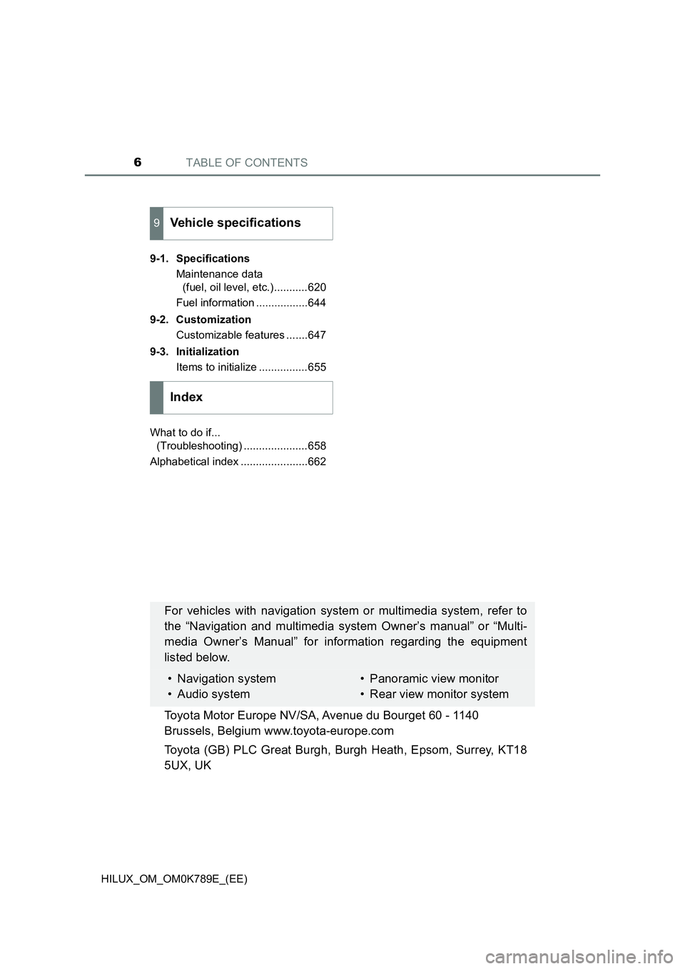 TOYOTA HILUX 2023 Owners Manual TABLE OF CONTENTS6
HILUX_OM_OM0K789E_(EE)
9-1. Specifications
Maintenance data
(fuel, oil level, etc.)...........620
Fuel information .................644
9-2. Customization
Customizable featur TOYOTA HILUX 2023 Owners Manual TABLE OF CONTENTS6
HILUX_OM_OM0K789E_(EE)
9-1. Specifications
Maintenance data
(fuel, oil level, etc.)...........620
Fuel information .................644
9-2. Customization
Customizable featur