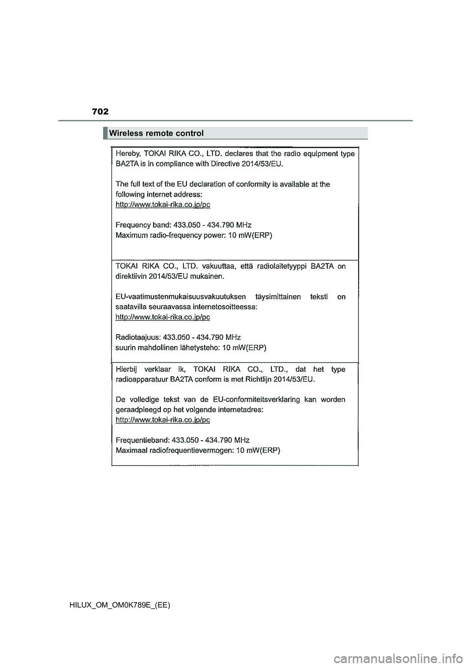 TOYOTA HILUX 2023 Owners Manual 702
HILUX_OM_OM0K789E_(EE)
Wireless remote control TOYOTA HILUX 2023 Owners Manual 702
HILUX_OM_OM0K789E_(EE)
Wireless remote control