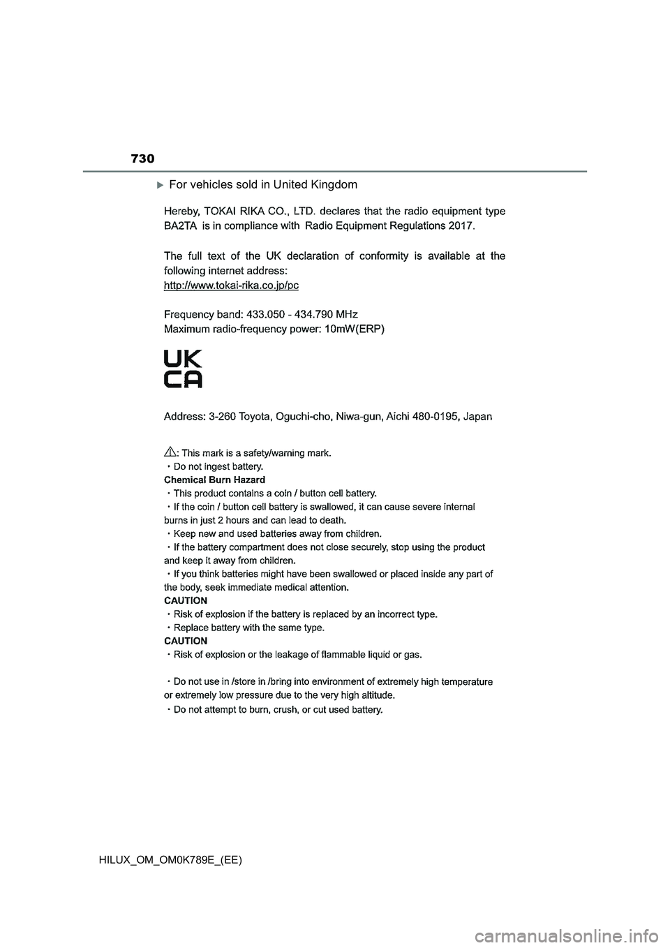 TOYOTA HILUX 2023 Owners Manual 730
HILUX_OM_OM0K789E_(EE)
For vehicles sold in United Kingdom TOYOTA HILUX 2023 Owners Manual 730
HILUX_OM_OM0K789E_(EE)
For vehicles sold in United Kingdom