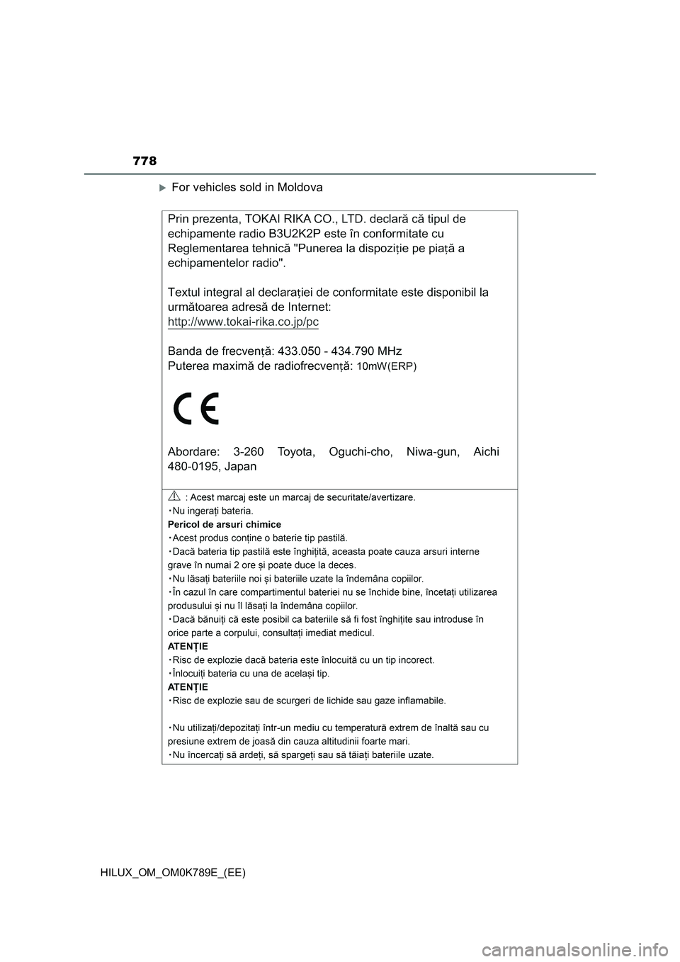 TOYOTA HILUX 2023 Owners Manual 778
HILUX_OM_OM0K789E_(EE)
For vehicles sold in Moldova TOYOTA HILUX 2023 Owners Manual 778
HILUX_OM_OM0K789E_(EE)
For vehicles sold in Moldova