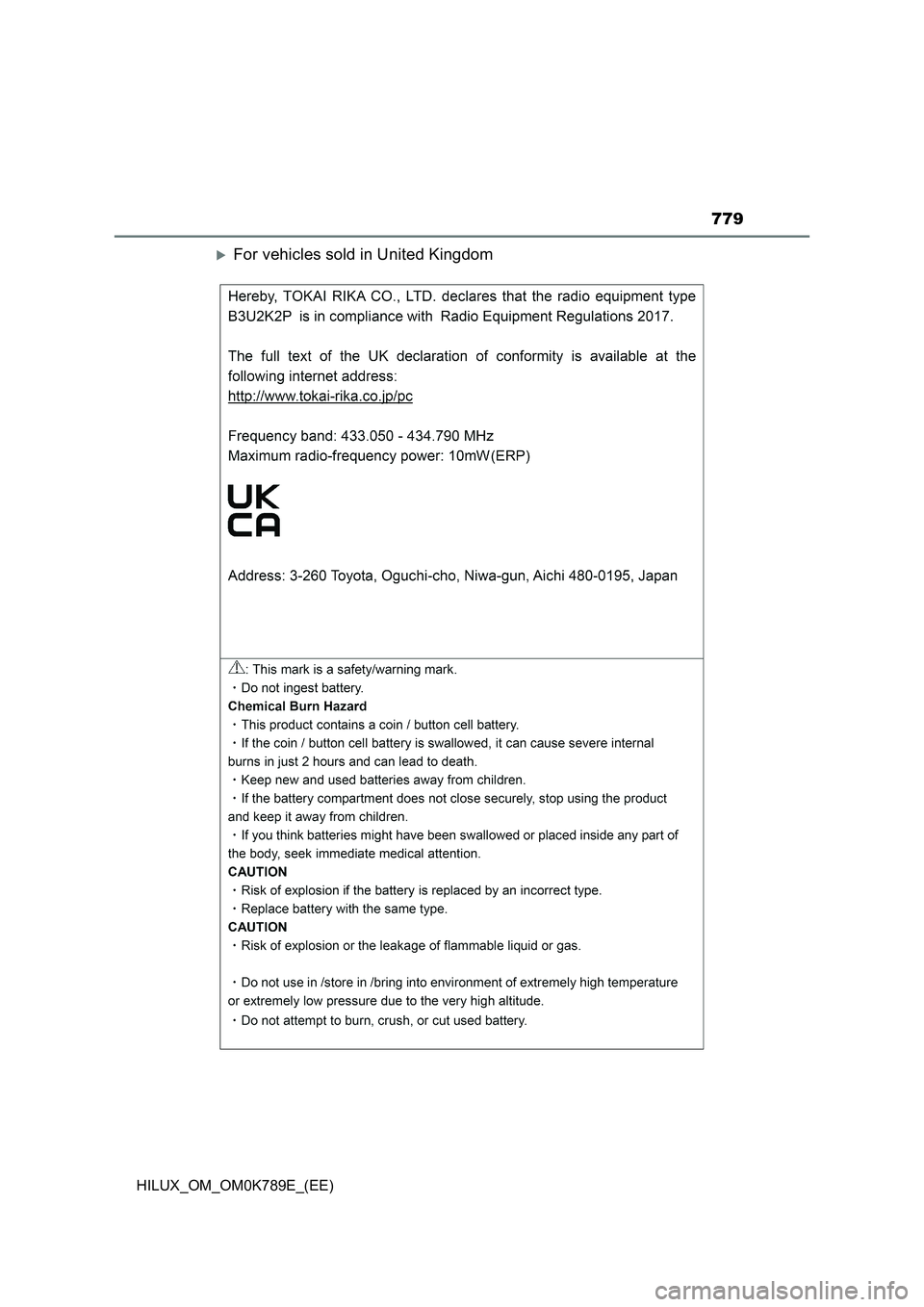 TOYOTA HILUX 2023 Owners Manual 779
HILUX_OM_OM0K789E_(EE)
For vehicles sold in United Kingdom TOYOTA HILUX 2023 Owners Manual 779
HILUX_OM_OM0K789E_(EE)
For vehicles sold in United Kingdom