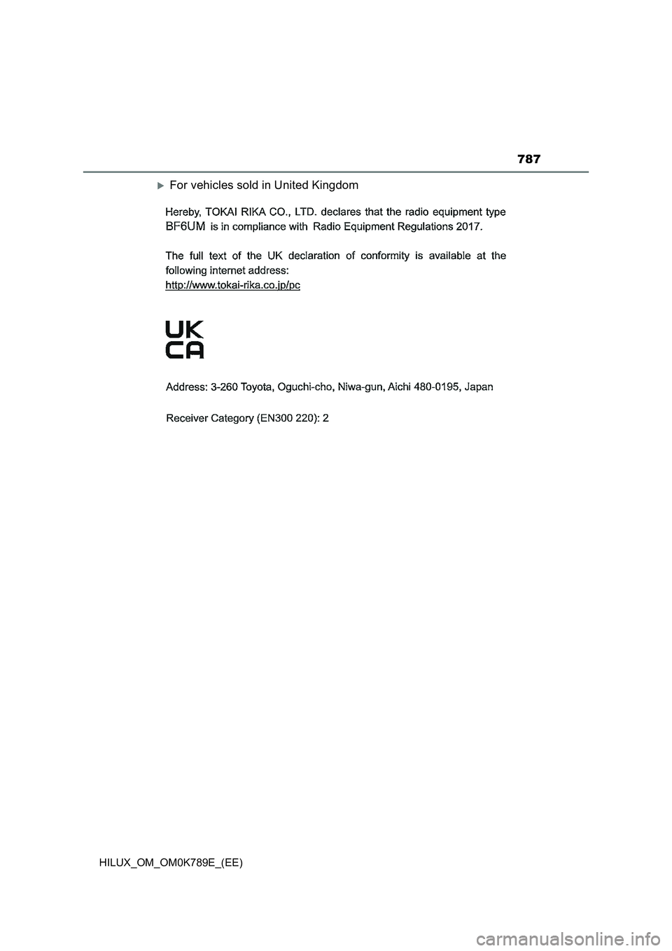 TOYOTA HILUX 2023 Owners Manual 787
HILUX_OM_OM0K789E_(EE)
For vehicles sold in United Kingdom TOYOTA HILUX 2023 Owners Manual 787
HILUX_OM_OM0K789E_(EE)
For vehicles sold in United Kingdom