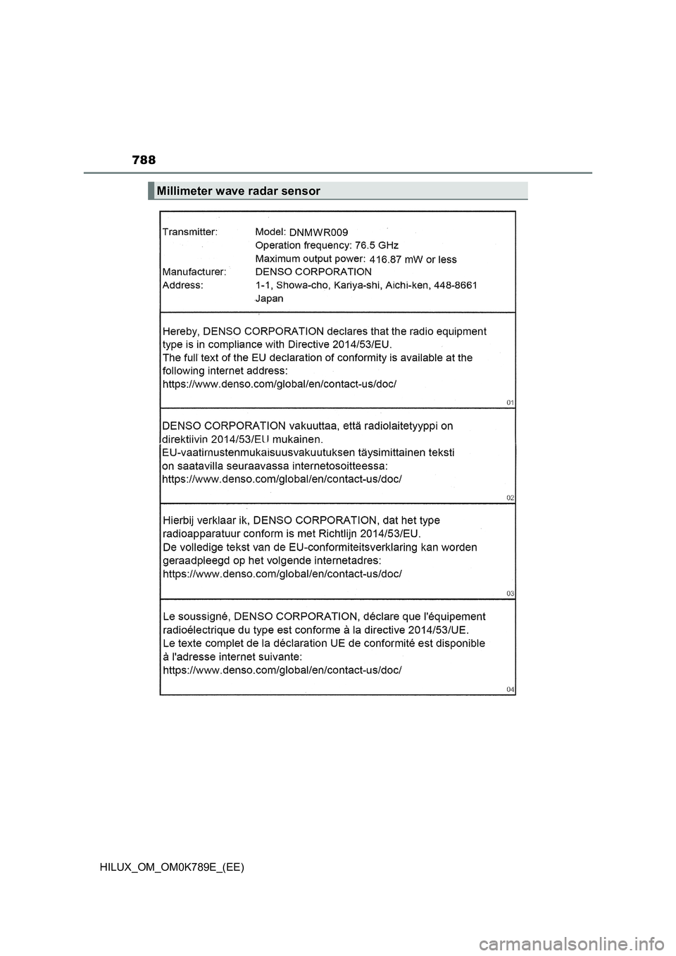 TOYOTA HILUX 2023 Owners Manual 788
HILUX_OM_OM0K789E_(EE)
Millimeter wave radar sensor TOYOTA HILUX 2023 Owners Manual 788
HILUX_OM_OM0K789E_(EE)
Millimeter wave radar sensor