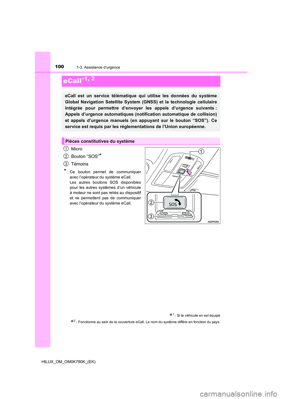 TOYOTA HILUX 2023  Manuel du propriétaire (in French) 1001-3. Assistance d’urgence
HILUX_OM_OM0K790K_(EK)
eCall1, 2
Micro 
Bouton “SOS”*
Témoins
*: Ce bouton permet de communiquer 
avec l’opérateur du système eCall.
Les autres boutons SOS d
