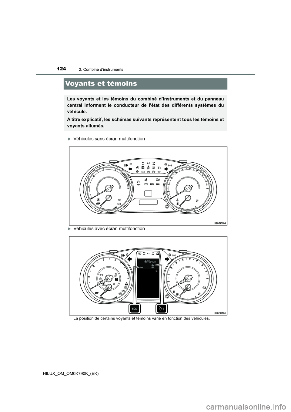 TOYOTA HILUX 2023  Manuel du propriétaire (in French) 1242. Combiné d’instruments
HILUX_OM_OM0K790K_(EK)
Voyants et témoins
Véhicules sans écran multifonction
Véhicules avec écran multifonction
La position de certains voyants et témoins va