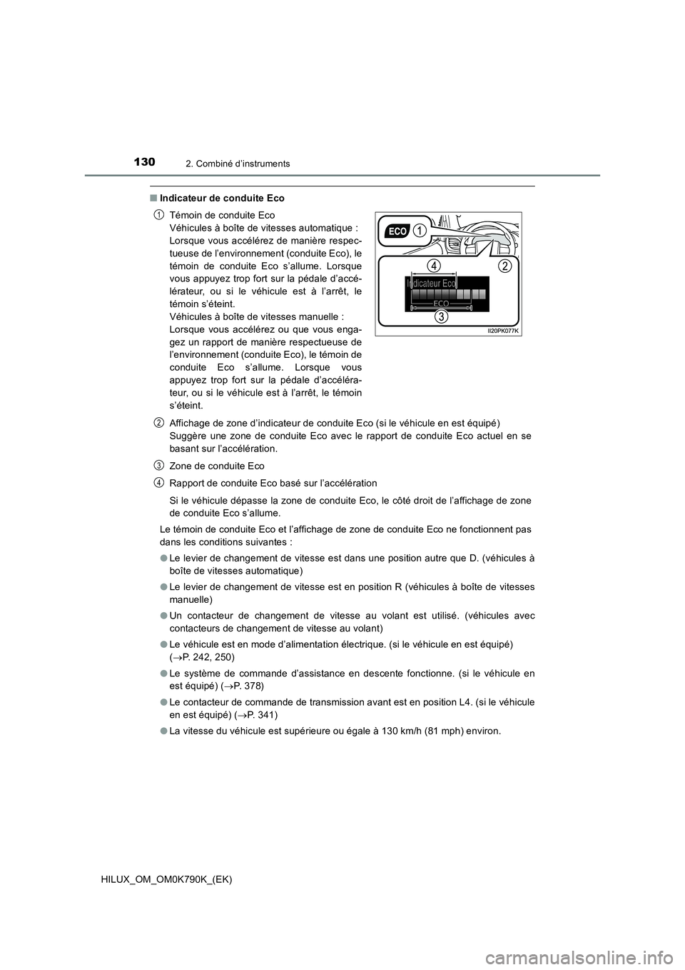 TOYOTA HILUX 2023  Manuel du propriétaire (in French) 1302. Combiné d’instruments
HILUX_OM_OM0K790K_(EK)
■Indicateur de conduite Eco 
Affichage de zone d’indicateur de conduite Eco (si le véhicule en est équipé)  
Suggère une zone de conduite 
