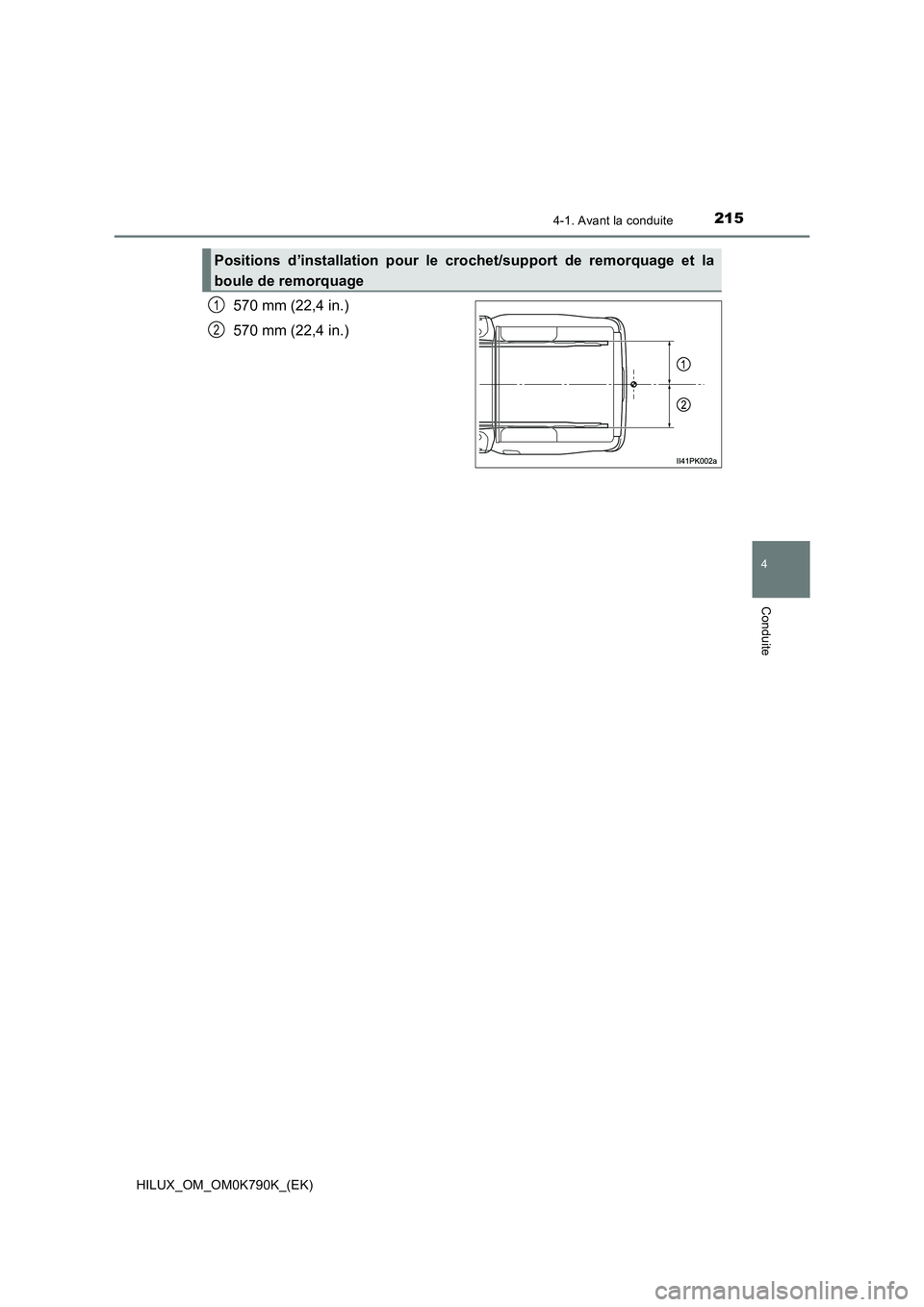 TOYOTA HILUX 2023  Manuel du propriétaire (in French) 2154-1. Avant la conduite
4
Conduite
HILUX_OM_OM0K790K_(EK)
570 mm (22,4 in.) 
570 mm (22,4 in.)
Positions d’installation pour le crochet/support de remorquage et la 
boule de remorquage
1
2 
