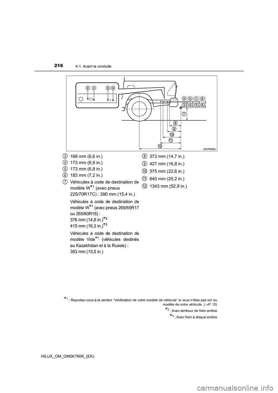 TOYOTA HILUX 2023  Manuel du propriétaire (in French) 2164-1. Avant la conduite
HILUX_OM_OM0K790K_(EK)
*1: Reportez-vous à la section “Vérification de votre modèle de véhicule” si vous n’êtes pas sûr du modèle de votre véhicule. ( P. 12)