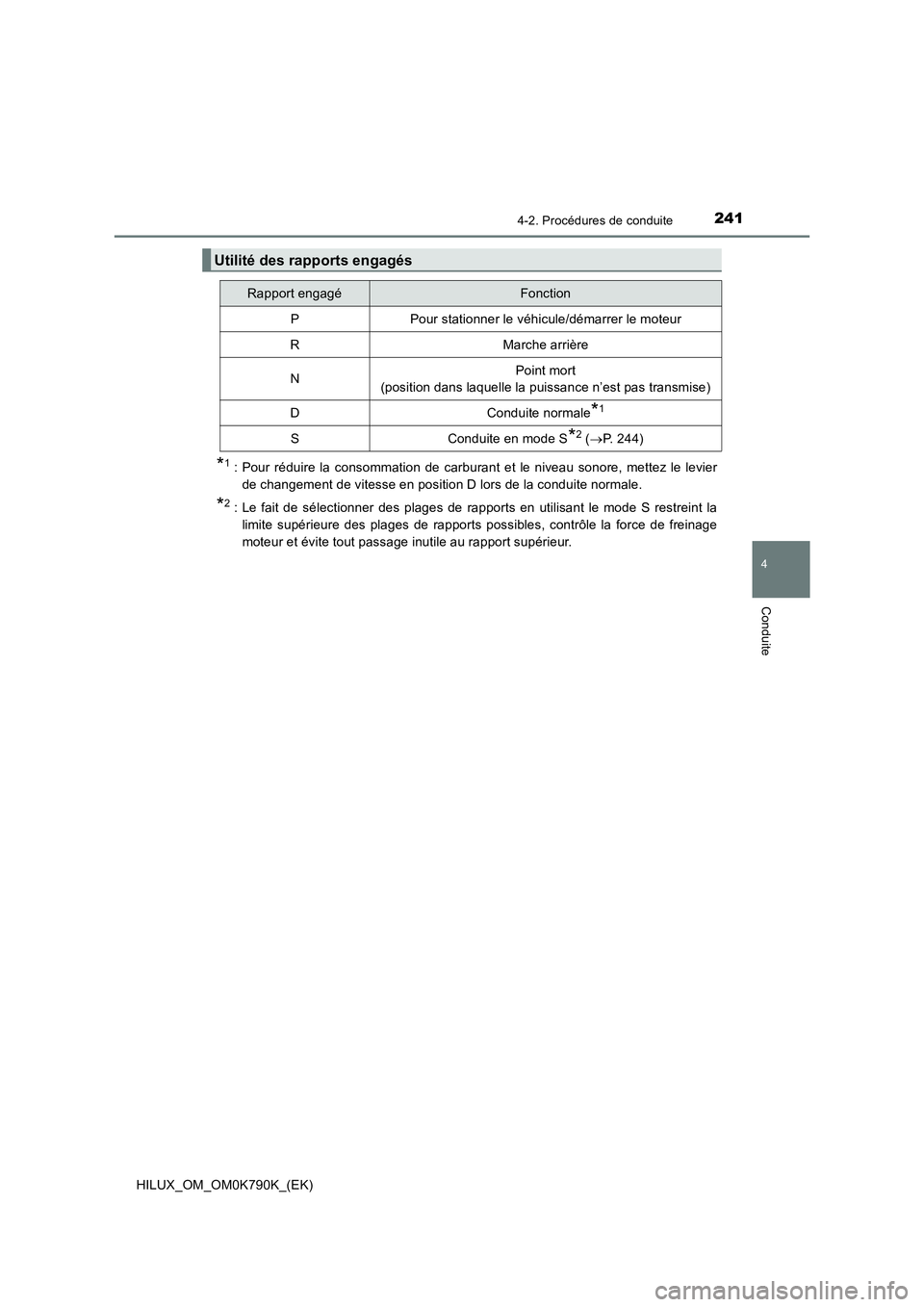 TOYOTA HILUX 2023  Manuel du propriétaire (in French) 2414-2. Procédures de conduite
4
Conduite
HILUX_OM_OM0K790K_(EK)
*1 : Pour réduire la consommation de carburant et le niveau sonore, mettez le levier 
de changement de vitesse en position D lors de 