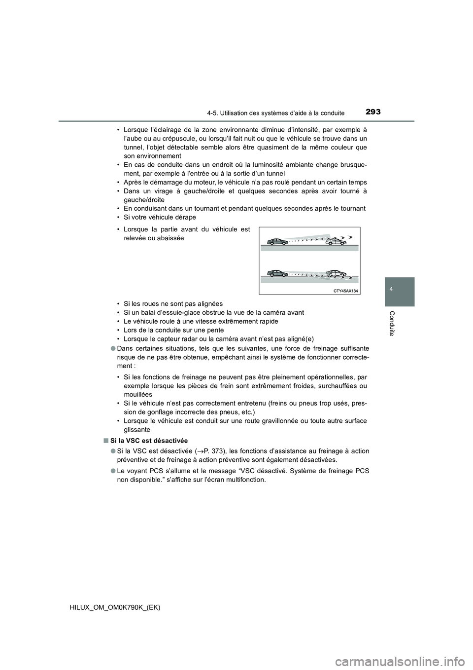 TOYOTA HILUX 2023 Manuel du propriétaire (in French) 2934-5. Utilisation des systèmes d’aide à la conduite
4
Conduite
HILUX_OM_OM0K790K_(EK)
• Lorsque l’éclairage de la zone environnante diminue d’intensité, par exemple à
l’aube ou au c TOYOTA HILUX 2023 Manuel du propriétaire (in French) 2934-5. Utilisation des systèmes d’aide à la conduite
4
Conduite
HILUX_OM_OM0K790K_(EK)
• Lorsque l’éclairage de la zone environnante diminue d’intensité, par exemple à
l’aube ou au c