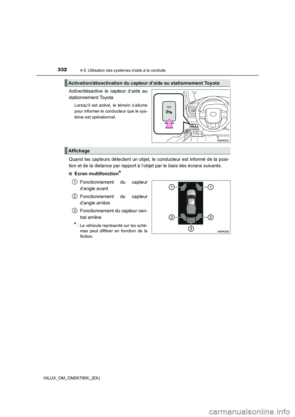 TOYOTA HILUX 2023 Manuel du propriétaire (in French) 3324-5. Utilisation des systèmes d’aide à la conduite
HILUX_OM_OM0K790K_(EK)
Active/désactive le capteur d’aide au
stationnement Toyota
Lorsqu’il est activé, le témoin s’allume
pour inf TOYOTA HILUX 2023 Manuel du propriétaire (in French) 3324-5. Utilisation des systèmes d’aide à la conduite
HILUX_OM_OM0K790K_(EK)
Active/désactive le capteur d’aide au
stationnement Toyota
Lorsqu’il est activé, le témoin s’allume
pour inf