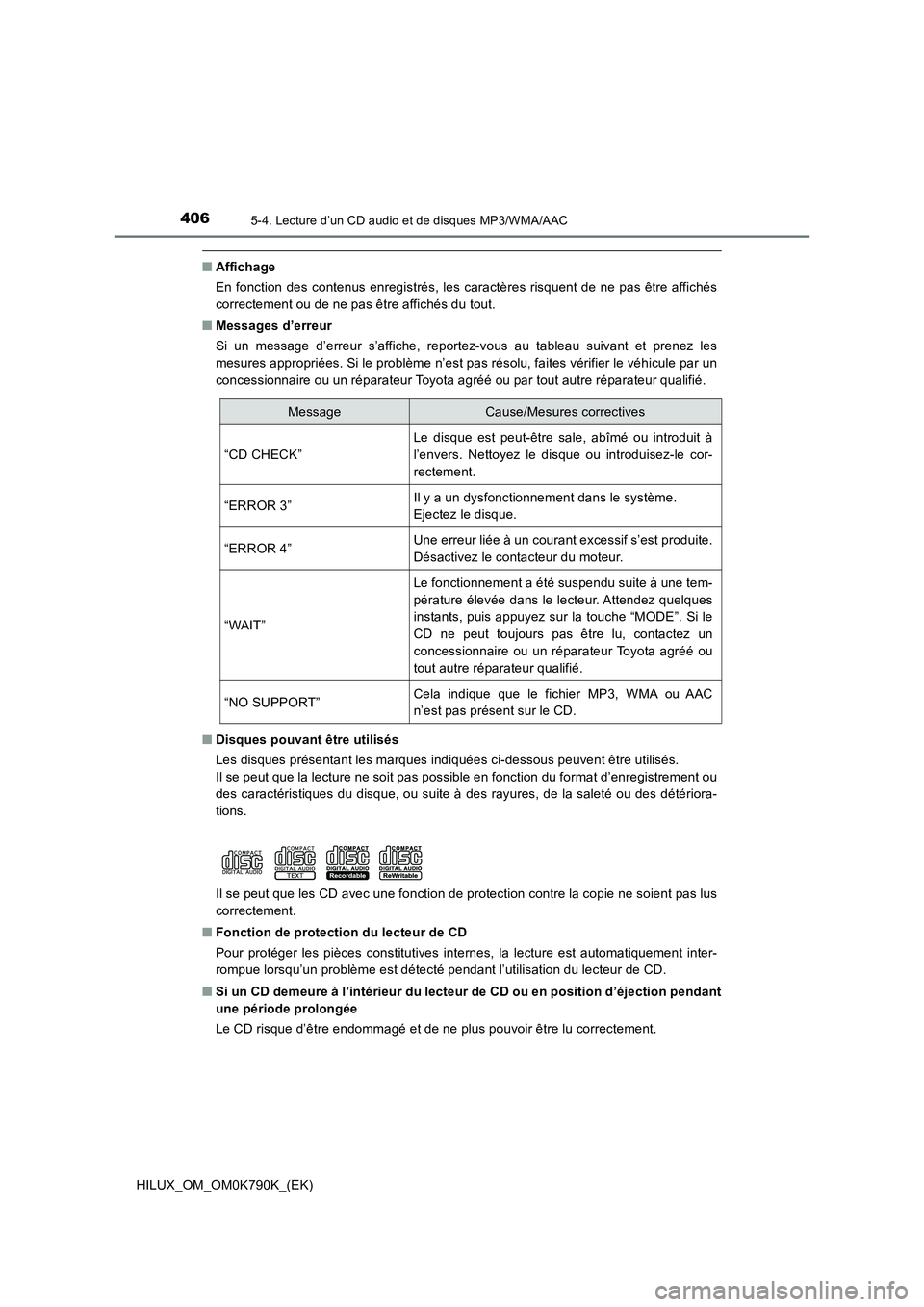 TOYOTA HILUX 2023 Manuel du propriétaire (in French) 4065-4. Lecture d’un CD audio et de disques MP3/WMA/AAC
HILUX_OM_OM0K790K_(EK)
■Affichage
En fonction des contenus enregistrés, les caractères risquent de ne pas être affichés
correctement o TOYOTA HILUX 2023 Manuel du propriétaire (in French) 4065-4. Lecture d’un CD audio et de disques MP3/WMA/AAC
HILUX_OM_OM0K790K_(EK)
■Affichage
En fonction des contenus enregistrés, les caractères risquent de ne pas être affichés
correctement o
