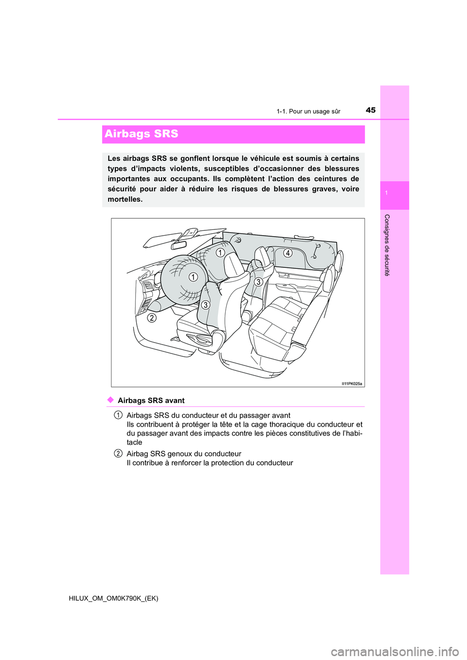 TOYOTA HILUX 2023  Manuel du propriétaire (in French) 451-1. Pour un usage sûr
1
Consignes de sécurité
HILUX_OM_OM0K790K_(EK)
Airbags SRS
◆Airbags SRS avant 
Airbags SRS du conducteur et du passager avant 
Ils contribuent à protéger la tête et la