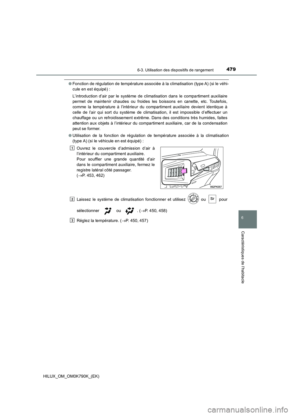 TOYOTA HILUX 2023  Manuel du propriétaire (in French) 4796-3. Utilisation des dispositifs de rangement
HILUX_OM_OM0K790K_(EK)
6
Caractéristiques de l’habitacle
●Fonction de régulation de température associée à la climatisation (type A) (si le v