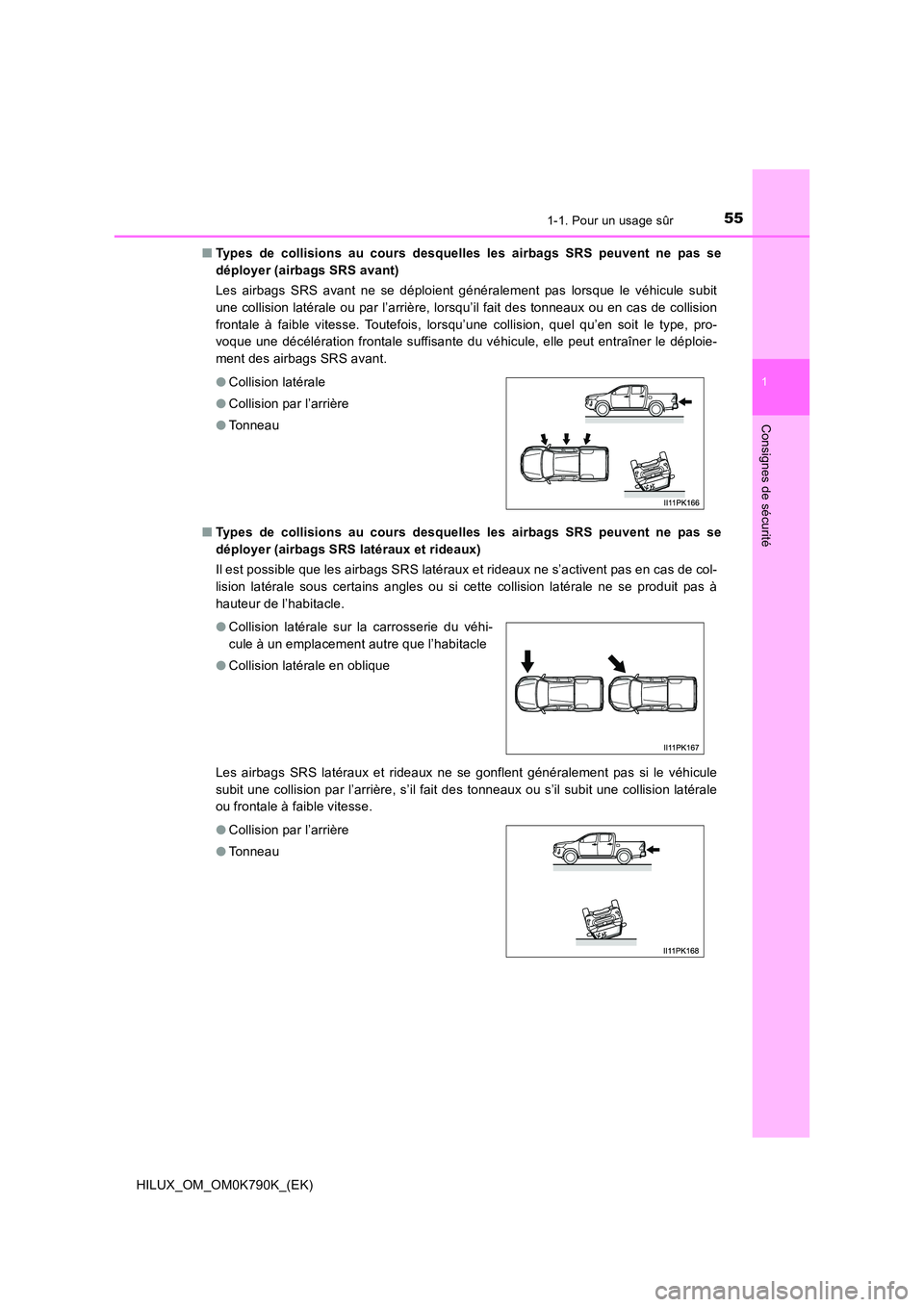 TOYOTA HILUX 2023 Manuel du propriétaire (in French) 551-1. Pour un usage sûr
1
HILUX_OM_OM0K790K_(EK)
Consignes de sécurité
■Types de collisions au cours desquelles les airbags SRS peuvent ne pas se
déployer (airbags SRS avant)
Les airbags SRS TOYOTA HILUX 2023 Manuel du propriétaire (in French) 551-1. Pour un usage sûr
1
HILUX_OM_OM0K790K_(EK)
Consignes de sécurité
■Types de collisions au cours desquelles les airbags SRS peuvent ne pas se
déployer (airbags SRS avant)
Les airbags SRS