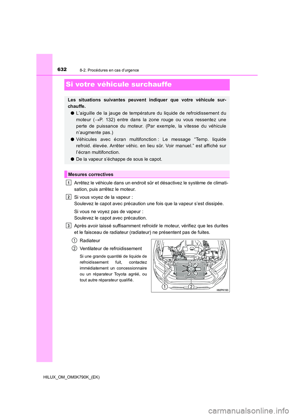 TOYOTA HILUX 2023  Manuel du propriétaire (in French) 6328-2. Procédures en cas d’urgence
HILUX_OM_OM0K790K_(EK)
Si votre véhicule surchauffe
Arrêtez le véhicule dans un endroit sûr et désactivez le système de climati- 
sation, puis arrêtez le 
