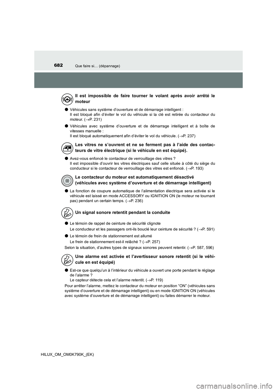 TOYOTA HILUX 2023  Manuel du propriétaire (in French) 682Que faire si… (dépannage)
HILUX_OM_OM0K790K_(EK)
●Véhicules sans système d’ouverture et de démarrage intelligent :  
Il est bloqué afin d’éviter le vol du véhicule si la clé est ret