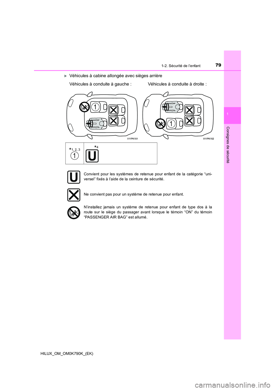 TOYOTA HILUX 2023 Manuel du propriétaire (in French) 791-2. Sécurité de l’enfant
1
HILUX_OM_OM0K790K_(EK)
Consignes de sécurité
Véhicules à cabine allongée avec sièges arrière
Véhicules à conduite à gauche : Véhicules à conduite à TOYOTA HILUX 2023 Manuel du propriétaire (in French) 791-2. Sécurité de l’enfant
1
HILUX_OM_OM0K790K_(EK)
Consignes de sécurité
Véhicules à cabine allongée avec sièges arrière
Véhicules à conduite à gauche : Véhicules à conduite à