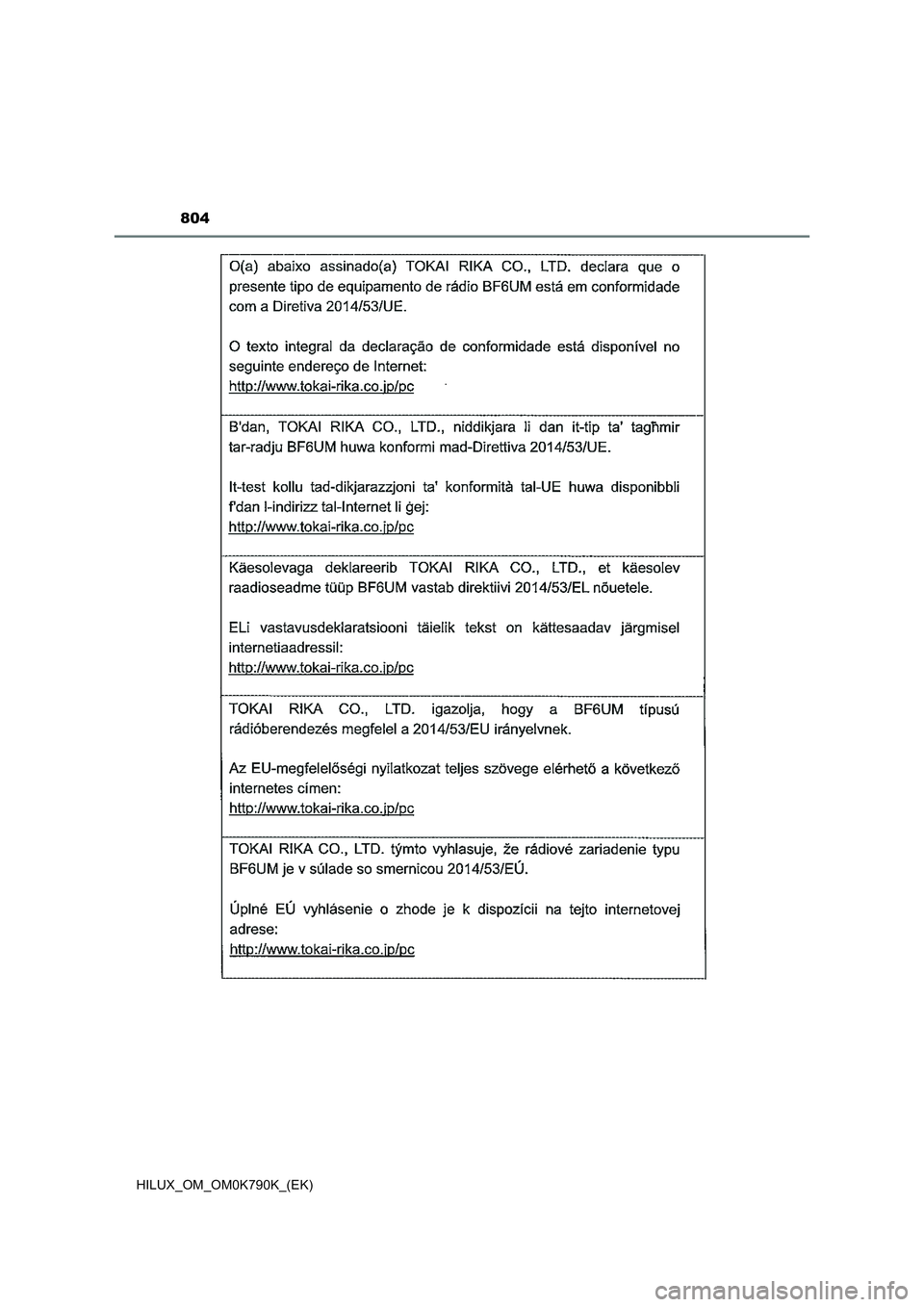 TOYOTA HILUX 2023 Manuel du propriétaire (in French) 804
HILUX_OM_OM0K790K_(EK) TOYOTA HILUX 2023 Manuel du propriétaire (in French) 804
HILUX_OM_OM0K790K_(EK)