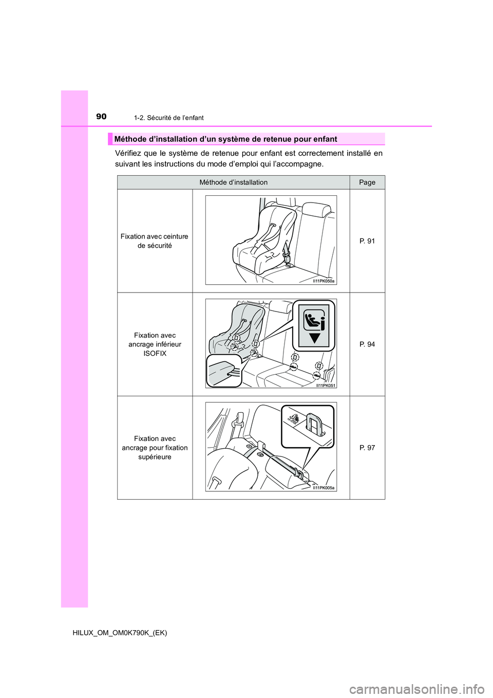 TOYOTA HILUX 2023  Manuel du propriétaire (in French) 901-2. Sécurité de l’enfant
HILUX_OM_OM0K790K_(EK)
Vérifiez que le système de retenue pour enfant est correctement installé en 
suivant les instructions du mode d’emploi qui l’accompagne.
M