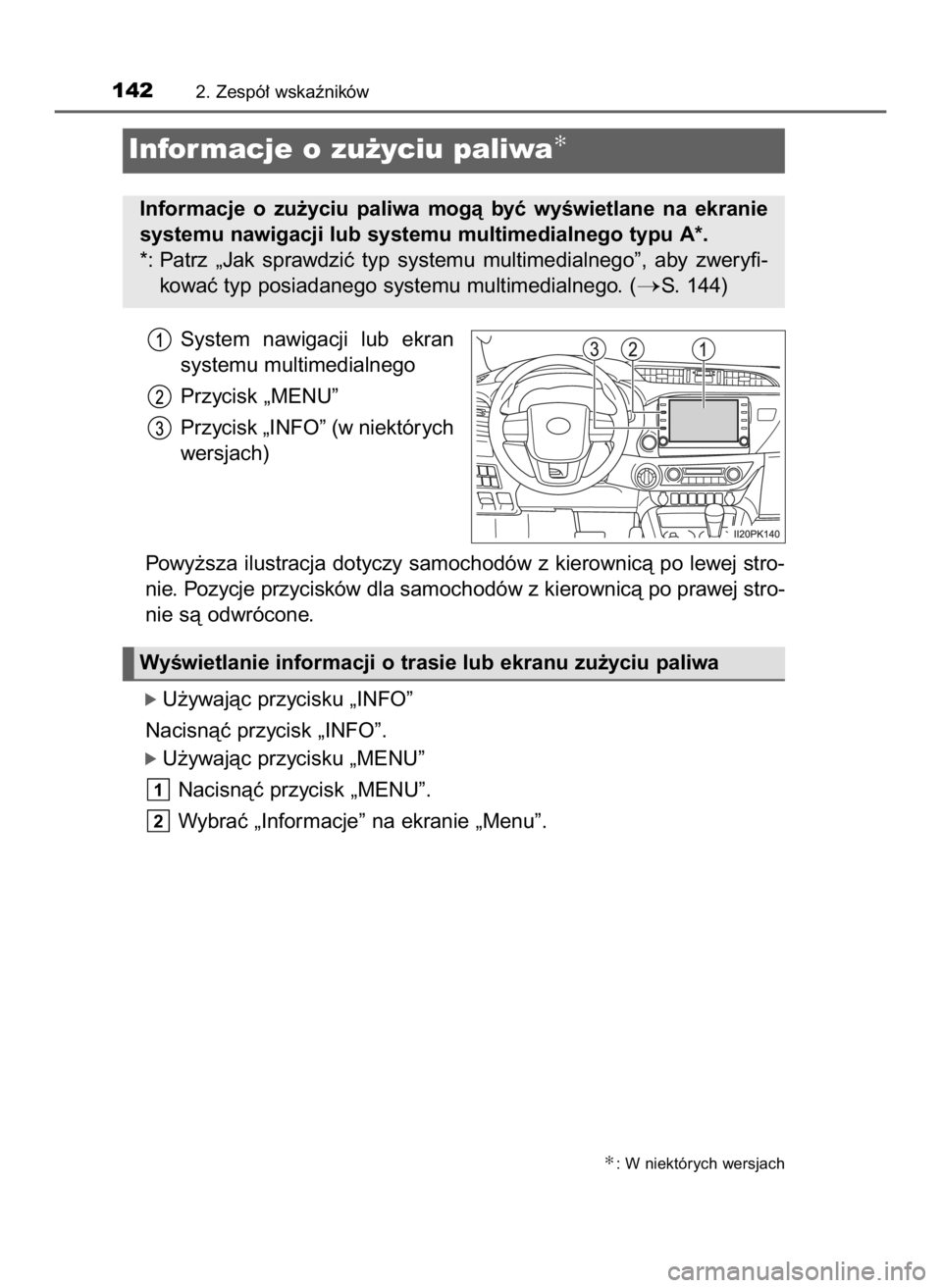 TOYOTA HILUX 2023  Instrukcja obsługi (in Polish) System  nawigacji  lub  ekran
systemu multimedialnego
Przycisk „MENU”
Przycisk „INFO” (w niektórych
wersjach)
Powy˝sza ilustracja dotyczy samochodów z kierownicà po lewej stro-
nie. Pozycj
