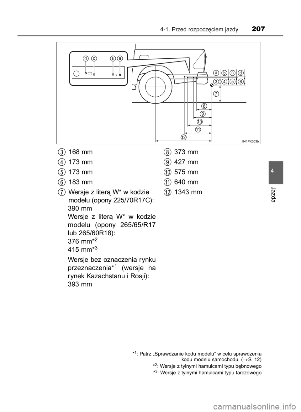 TOYOTA HILUX 2023  Instrukcja obsługi (in Polish) 168 mm
173 mm
173 mm
183 mm
Wersje z literà W* w kodzie
modelu (opony 225/70R17C):
390 mm
Wersje  z literà  W*  w kodzie
modelu  (opony  265/65/R17
lub 265/60R18):
376 mm*
2
415 mm*3
Wersje  bez  oz