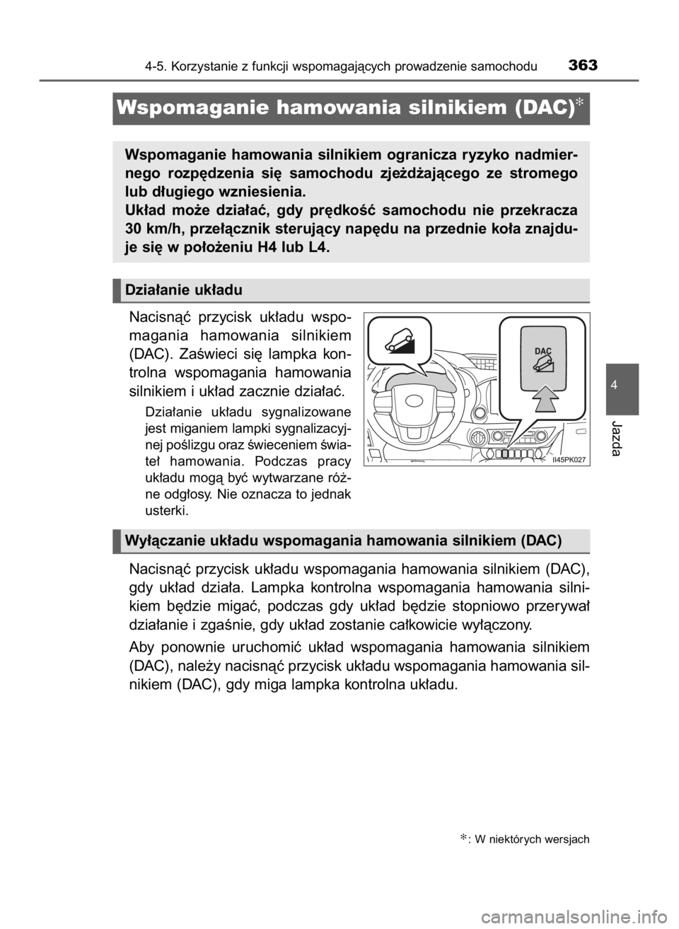 TOYOTA HILUX 2023  Instrukcja obsługi (in Polish) Nacisnàç  przycisk  uk∏adu  wspo-
magania  hamowania  silnikiem
(DAC).  ZaÊwieci  si´  lampka  kon-
trolna  wspomagania  hamowania
silnikiem i uk∏ad zacznie dzia∏aç.
Dzia∏anie  uk∏adu  