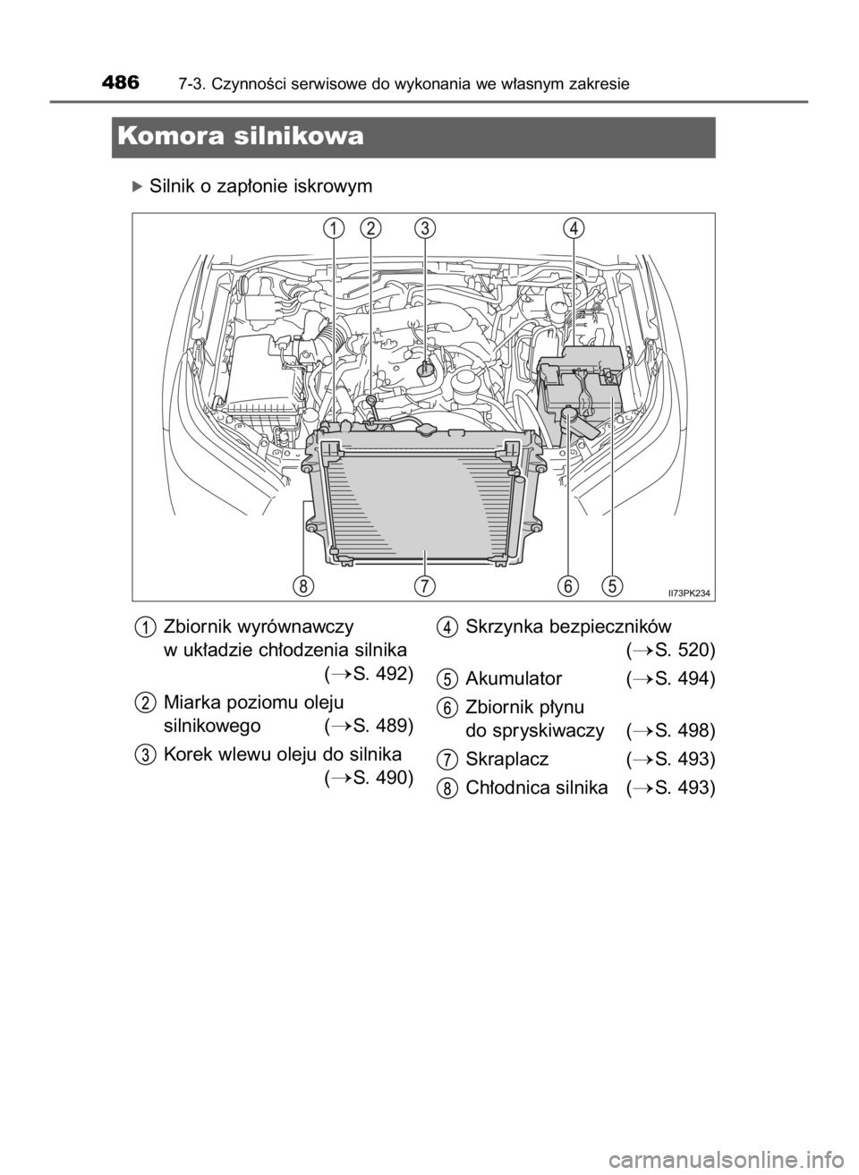 TOYOTA HILUX 2023  Instrukcja obsługi (in Polish) óSilnik o zap∏onie iskrowym
4867-3. CzynnoÊci serwisowe do wykonania we w∏asnym zakresie
Komora silnikowa
Zbiornik wyrównawczy
w uk∏adzie ch∏odzenia silnika 
(
S. 492)
Miarka poziomu oleju