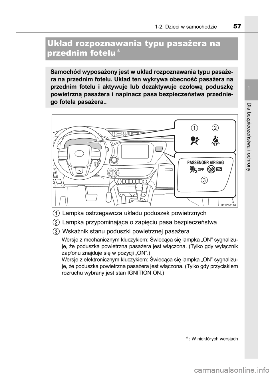 TOYOTA HILUX 2023  Instrukcja obsługi (in Polish) Lampka ostrzegawcza uk∏adu poduszek powietrznych
Lampka przypominajàca o zapi´ciu pasa bezpieczeƒstwa
Wskaênik stanu poduszki powietrznej pasa˝era
Wersje z mechanicznym kluczykiem: Âwiecàca s