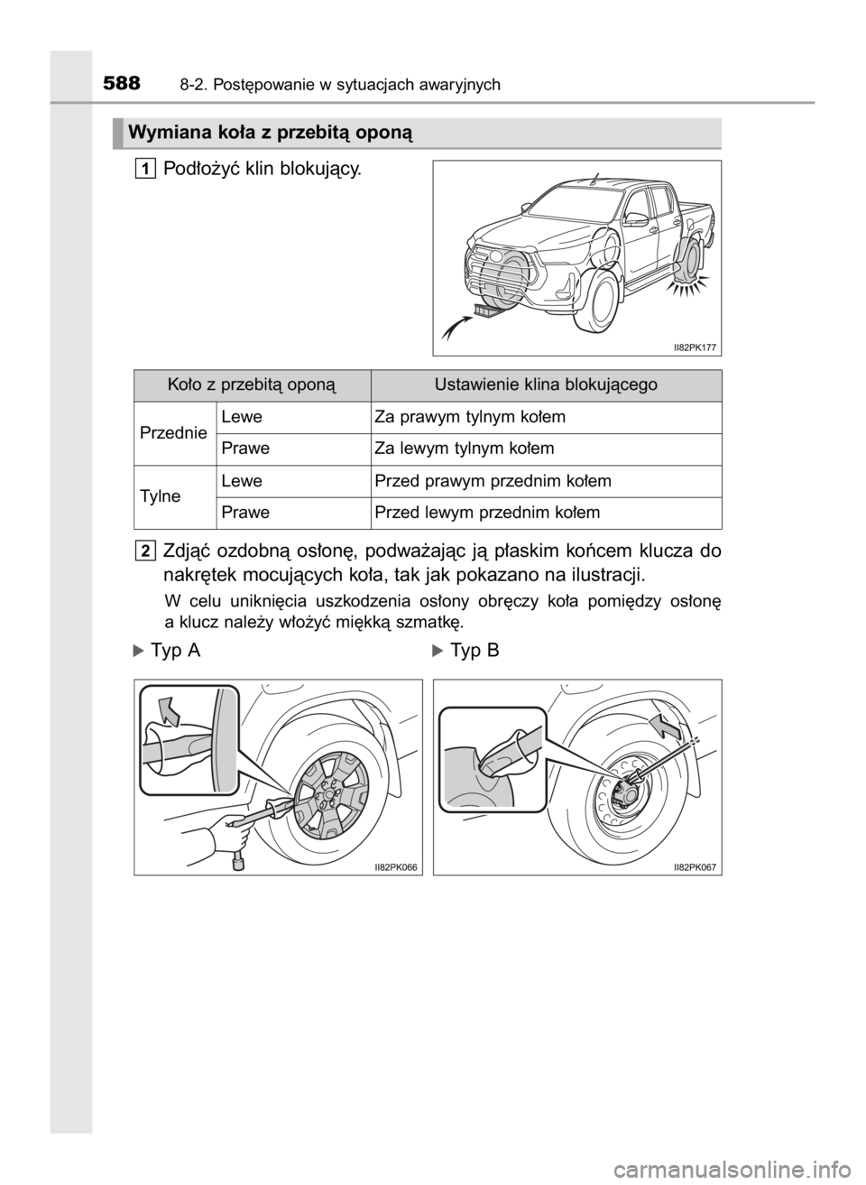 TOYOTA HILUX 2023  Instrukcja obsługi (in Polish) Pod∏o˝yç klin blokujàcy.
Zdjàç  ozdobnà  os∏on´,  podwa˝ajàc  jà  p∏askim  koƒcem  klucza  do
nakr´tek mocujàcych ko∏a, tak jak pokazano na ilustracji.
W celu  unikni´cia  uszkod