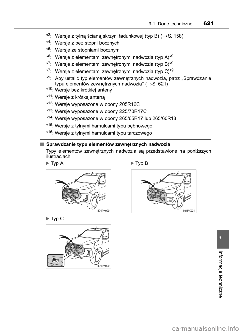 TOYOTA HILUX 2023  Instrukcja obsługi (in Polish) *3: Wersje z tylnà Êcianà skrzyni ∏adunkowej (typ B) (S. 158)
*
4: Wersje z bez stopni bocznych
*
5: Wersje ze stopniami bocznymi
*
6: Wersje z elementami zewn´trznymi nadwozia (typ A)*9
*7: We