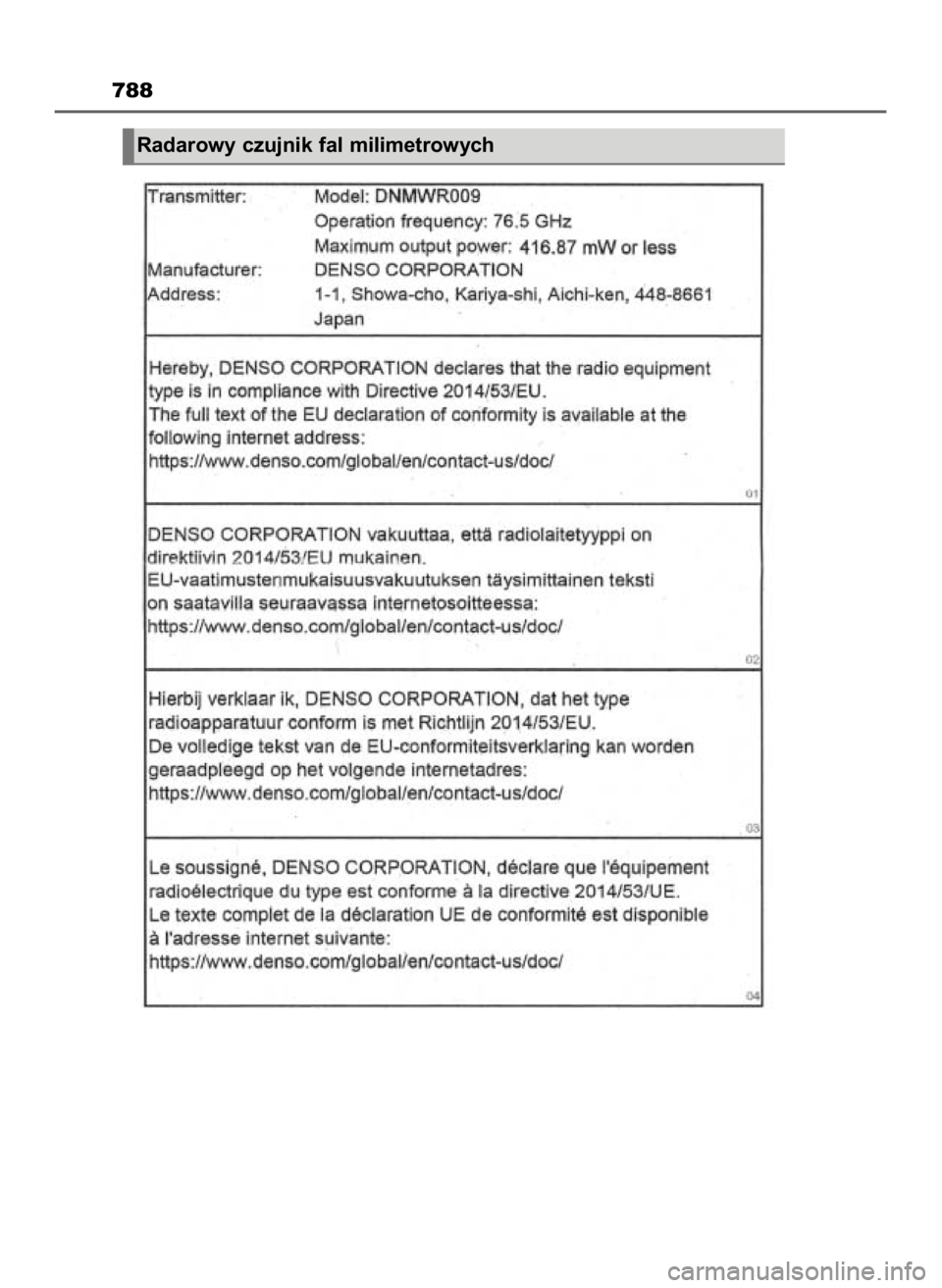 TOYOTA HILUX 2023 Instrukcja obsługi (in Polish) 788
Radarowy czujnik fal milimetrowych
8 Hilux OM0K789E 3/11/23 4:56 PM Page 788 (Black plate) TOYOTA HILUX 2023 Instrukcja obsługi (in Polish) 788
Radarowy czujnik fal milimetrowych
8 Hilux OM0K789E 3/11/23 4:56 PM Page 788 (Black plate)