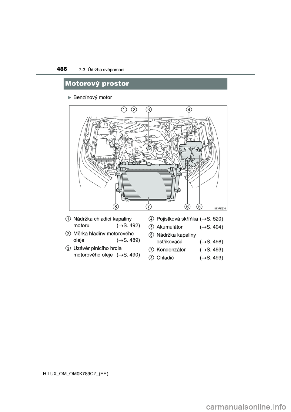 TOYOTA HILUX 2023  Návod na použití (in Czech) 4867-3. Údržba svépomocí
HILUX_OM_OM0K789CZ_(EE)
Motorový prostor
Benzínový motor
Nádržka chladicí kapaliny  
motoru  ( S. 492) 
Měrka hladiny motorového  
oleje  ( S. 489) 
Uzáv