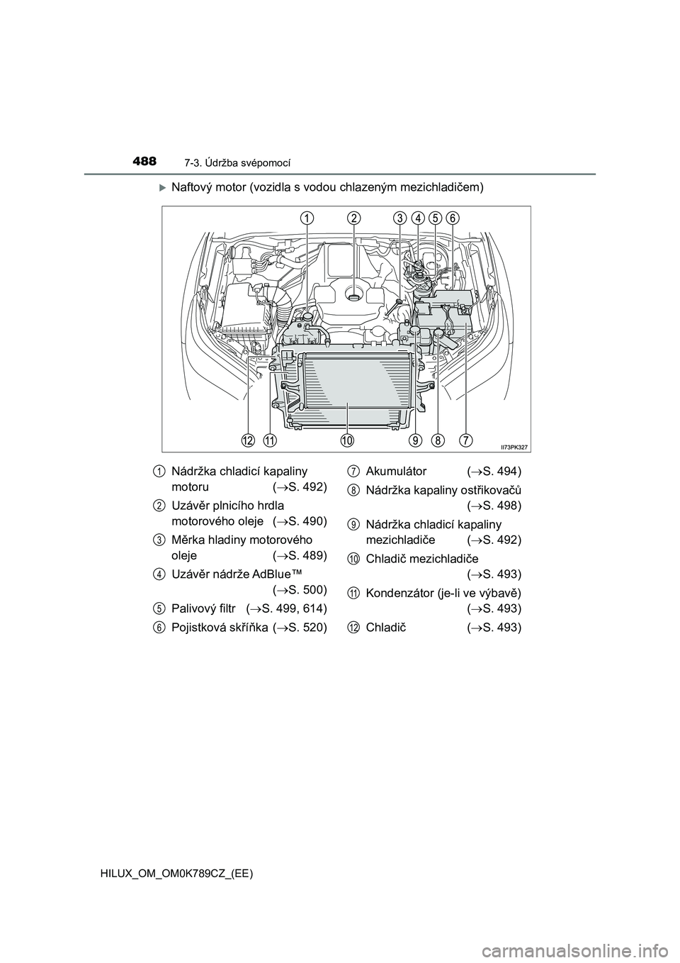 TOYOTA HILUX 2023  Návod na použití (in Czech) 4887-3. Údržba svépomocí
HILUX_OM_OM0K789CZ_(EE)
Naftový motor (vozidla s vodou chlazeným mezichladičem)
Nádržka chladicí kapaliny  
motoru  ( S. 492) 
Uzávěr plnicího hrdla  
motor