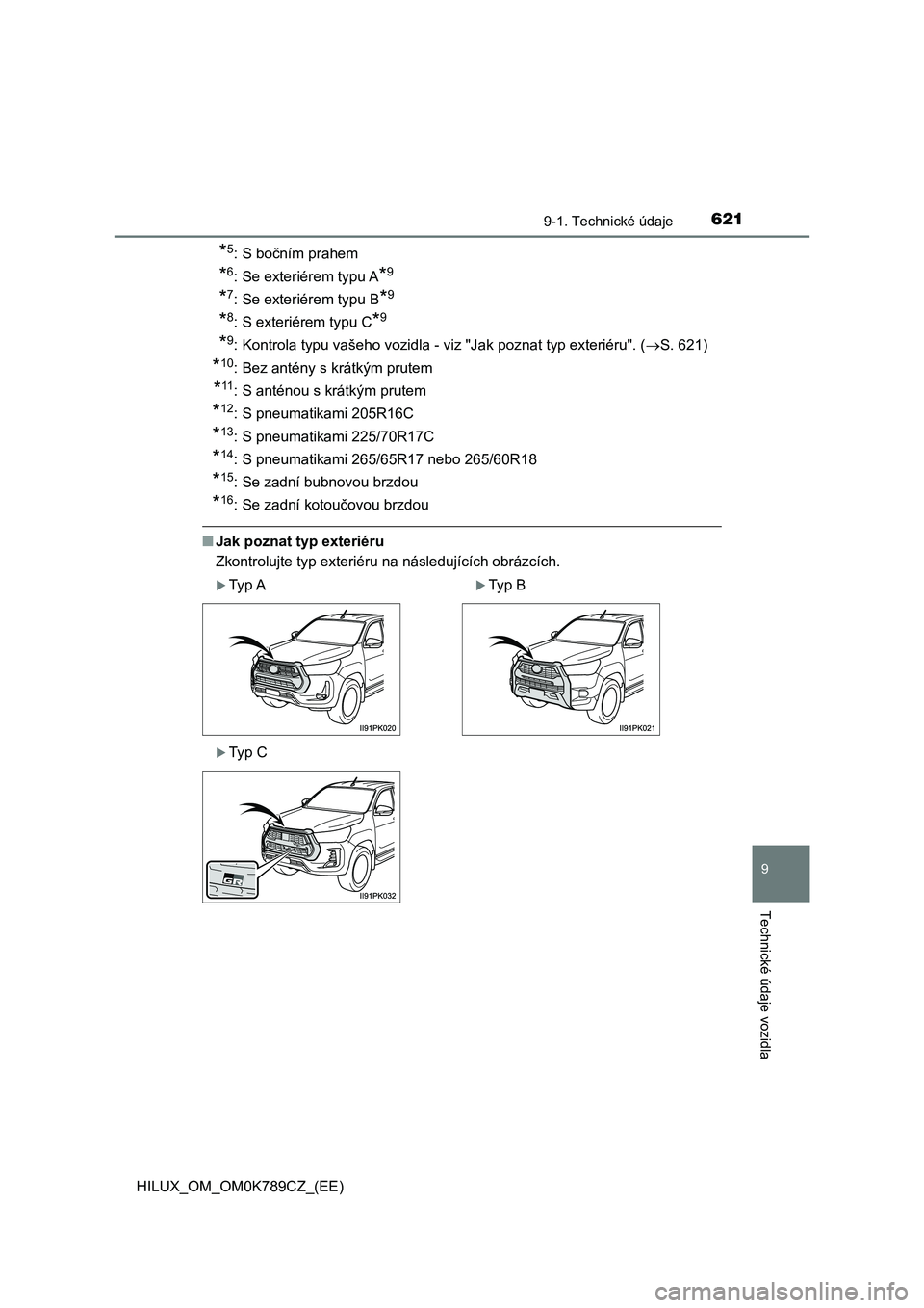 TOYOTA HILUX 2023 Návod na použití (in Czech) 621
9
9-1. Technické údaje
Technické údaje vozidla
HILUX_OM_OM0K789CZ_(EE)
*5: S bočním prahem
*6: Se exteriérem typu A*9
*7: Se exteriérem typu B*9
*8: S exteriérem typu C*9
*9: Kontrola typ TOYOTA HILUX 2023 Návod na použití (in Czech) 621
9
9-1. Technické údaje
Technické údaje vozidla
HILUX_OM_OM0K789CZ_(EE)
*5: S bočním prahem
*6: Se exteriérem typu A*9
*7: Se exteriérem typu B*9
*8: S exteriérem typu C*9
*9: Kontrola typ