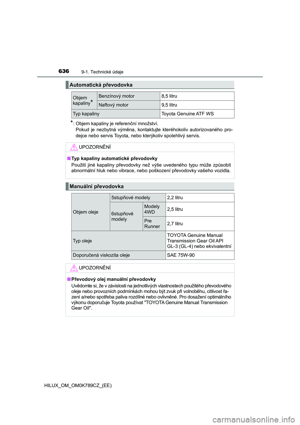 TOYOTA HILUX 2023  Návod na použití (in Czech) 6369-1. Technické údaje
HILUX_OM_OM0K789CZ_(EE)
*: Objem kapaliny je referenční množství. 
Pokud  je  nezbytná  výměna,  kontaktujte  kteréhokoliv  autorizované ho  pro- 
dejce nebo servis 