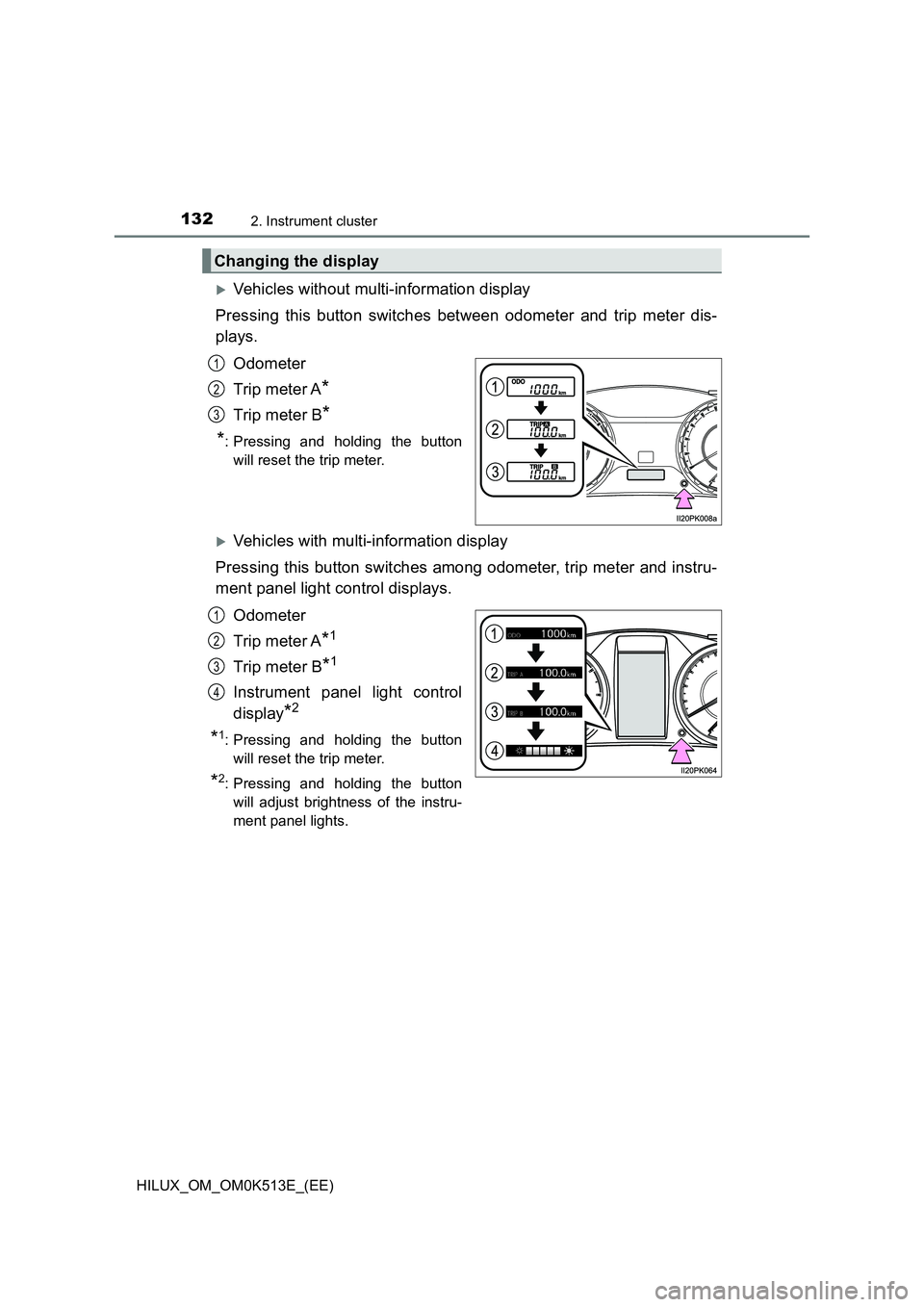 TOYOTA HILUX 2022 Owners Manual 1322. Instrument cluster
HILUX_OM_OM0K513E_(EE)
Vehicles without multi-information display
Pressing this button switches between odometer and trip meter dis-
plays.
Odometer
Trip meter A*
Trip TOYOTA HILUX 2022 Owners Manual 1322. Instrument cluster
HILUX_OM_OM0K513E_(EE)
Vehicles without multi-information display
Pressing this button switches between odometer and trip meter dis-
plays.
Odometer
Trip meter A*
Trip