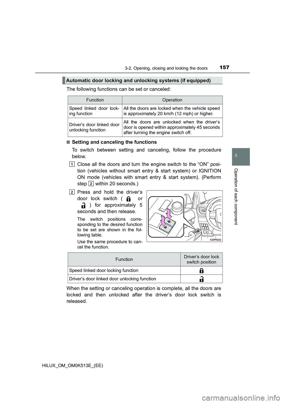 TOYOTA HILUX 2022 Owners Guide 1573-2. Opening, closing and locking the doors
3
Operation of each component
HILUX_OM_OM0K513E_(EE)
The following functions can be set or canceled:
�QSetting and canceling the functions 
To switch bet