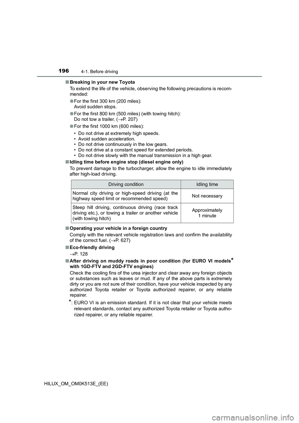 TOYOTA HILUX 2022 User Guide 1964-1. Before driving
HILUX_OM_OM0K513E_(EE) 
�Q Breaking in your new Toyota 
To extend the life of the vehicle, observing the following precautions is recom- 
mended: 
�O For the first 300 km (200 m