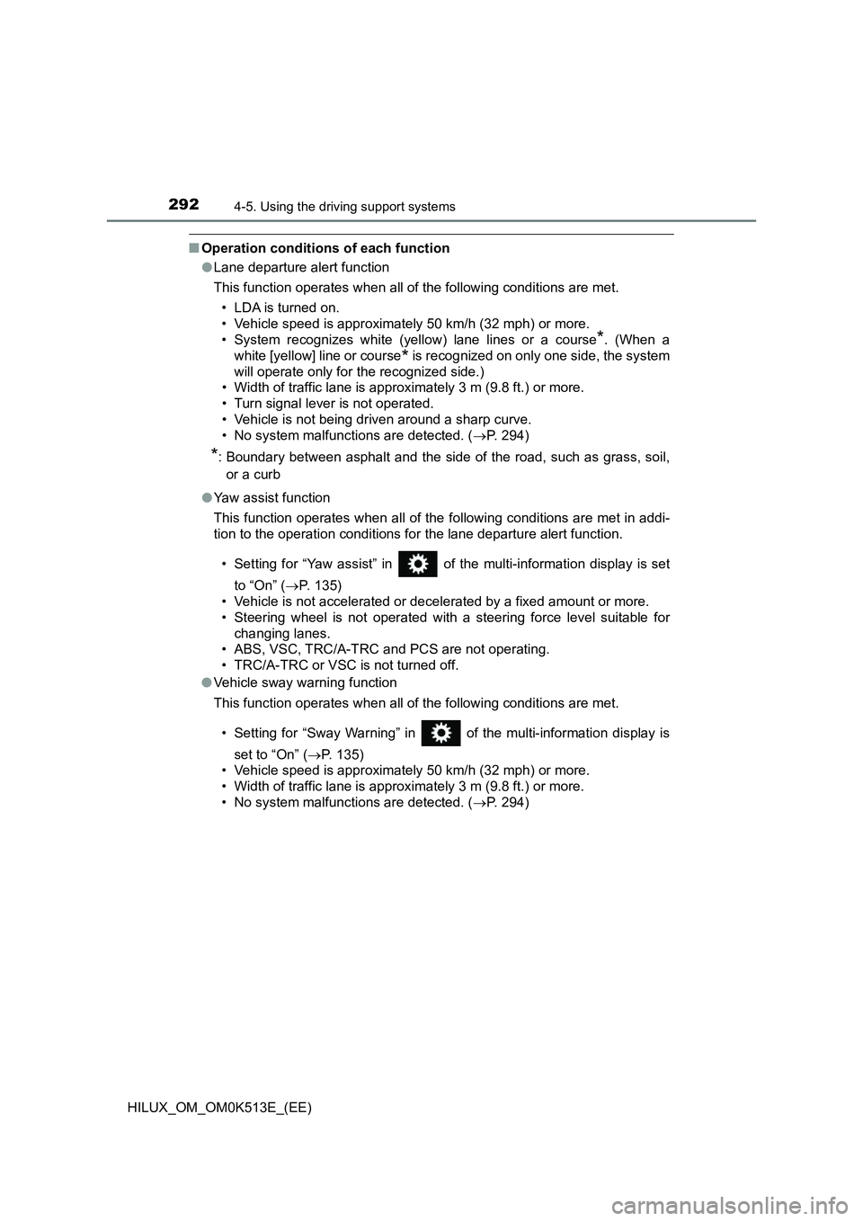 TOYOTA HILUX 2022  Owners Manual 2924-5. Using the driving support systems
HILUX_OM_OM0K513E_(EE)
�QOperation conditions of each function 
�O Lane departure alert function 
This function operates when all of the following conditions 