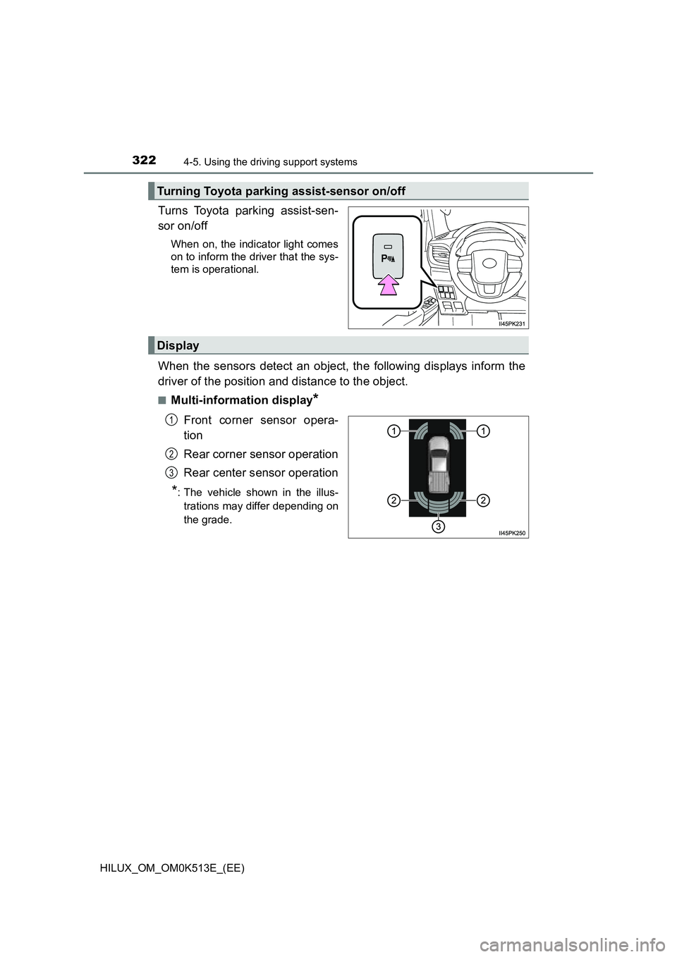 TOYOTA HILUX 2022 Owners Manual 3224-5. Using the driving support systems
HILUX_OM_OM0K513E_(EE)
Turns Toyota parking assist-sen- 
sor on/off
When on, the indicator light comes 
on to inform the driver that the sys- 
tem is operatio
