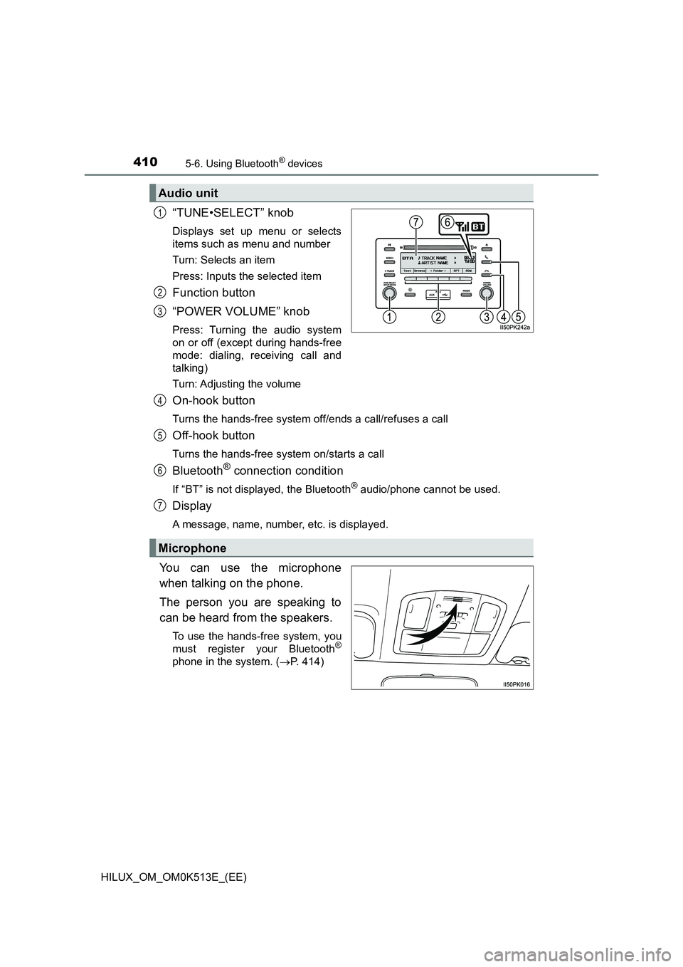 TOYOTA HILUX 2022  Owners Manual 4105-6. Using Bluetooth® devices
HILUX_OM_OM0K513E_(EE)
“TUNE•SELECT” knob
Displays set up menu or selects 
items such as menu and number 
Turn: Selects an item
Press: Inputs the selected item
