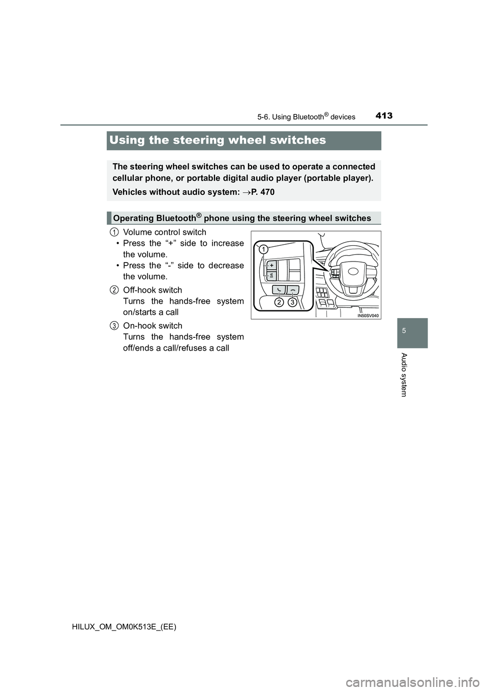 TOYOTA HILUX 2022  Owners Manual 413
5
5-6. Using Bluetooth® devices
Audio system
HILUX_OM_OM0K513E_(EE)
Using the steering wheel switches
Volume control switch 
• Press the “+” side to increase 
the volume. 
• Press the “