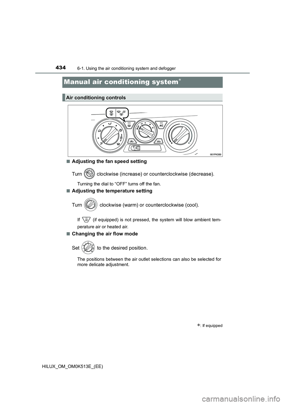 TOYOTA HILUX 2022  Owners Manual 4346-1. Using the air conditioning system and defogger
HILUX_OM_OM0K513E_(EE)
Manual air conditioning system
�QAdjusting the fan speed setting 
Turn   clockwise (increase) or counterclockwise (decr