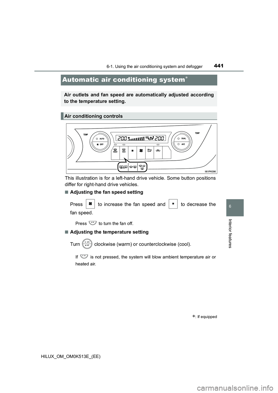 TOYOTA HILUX 2022  Owners Manual 4416-1. Using the air conditioning system and defogger
HILUX_OM_OM0K513E_(EE)
6
Interior features
Automatic air conditioning system
This illustration is for a left-hand drive vehicle. Some button p